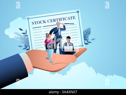 Illustration of a giant hand holding a businessman with a telescope and a business team on a laptop, with a stock certificate backdrop, concepts of st Stock Vector