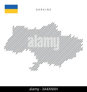 Ukraine map from pattern of black slanted parallel lines. Ukrainian map with gray diagonal lines. Silhouette of a country made of oblique hatching. Ve Stock Vector