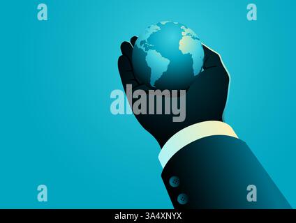 Businessmans hand holding a small globe, symbolizing control, leadership, and global influence. Concepts of corporate dominance, entrepreneurship, int Stock Vector