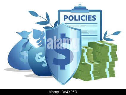 Shield marked with a dollar symbol, surrounded by money bags, a stack of cash, policy documents, and leaves. Themes of financial security, investment Stock Vector