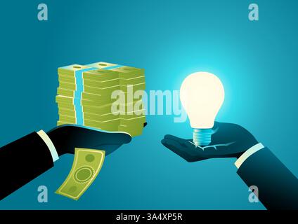 Hand offering a stack of money to another hand holding a glowing light bulb, symbolizing hiring an expert to find innovative solutions. Stock Vector