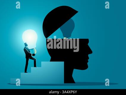 Businessman carrying a glowing light bulb to replace a dead one inside a human head. Symbolizing fresh ideas, innovation, mentorship. Stock Vector