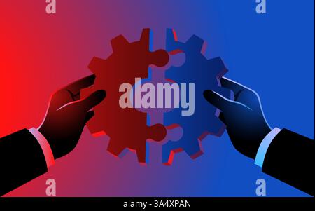 Two businessmen's hands connecting a gear shaped puzzle, symbolizing teamwork, merger, acquisition, and business collaboration Stock Vector