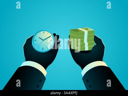 Businessman’s hand holding a clock in one hand and a stack of money in the other. Represents the trade off between time and wealth, work-life balance, Stock Vector
