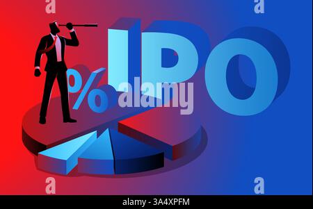 Businessman stands on a circular chart, looking through a telescope, with large IPO text in the background. Market analysis, stock data. Stock Vector