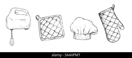Vector set with hand mixer, pot holders, Chef hat, Glove potholder. Graphic ink Oven Mitt, kitchen tool illustration isolated on background. Hand Stock Vector