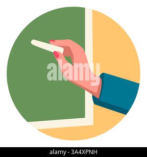 Clip art showing a teacher's hand holding chalk against a greenboard. Ideal for educational materials, online learning content, or school-themed desig Stock Vector