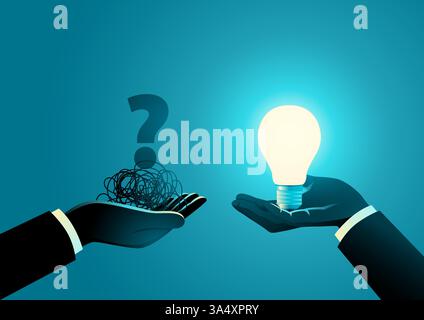 Hand offering light bulb to another hand holding tangled thread with question mark. Problem solving, guidance, innovative solutions, teamwork. Stock Vector