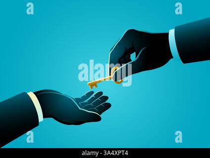 One businessman’s hand passing a golden key to another, representing successor, trust, and mentorship. Business transactions, real estate. Stock Vector