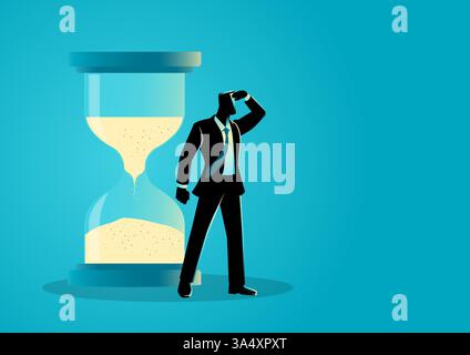 Businessman placing his hand on his forehead while gazing into the distance, with an hourglass in the background. Symbolizing time management, deadlin Stock Vector