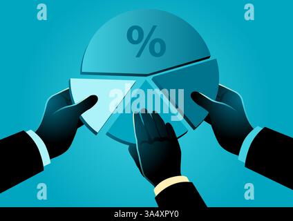Three businessman hands each holding a piece of a circular chart, symbolizing shareholder equity, business partnerships, investment. Stock Vector
