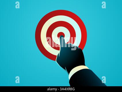 Businessmans hand pointing towards a target icon, representing focus, goal achievement, and strategic planning. Stock Vector