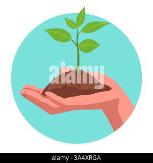 Clip art of a hand gently holding soil with a small green plant sprouting, symbolizing growth, reforestation, and environmental sustainability Stock Vector