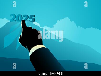 Hand pointing at the text 2025 on a distant mountain peak. Symbolizing future planning, ambition, business strategy, forecasting, success Stock Vector
