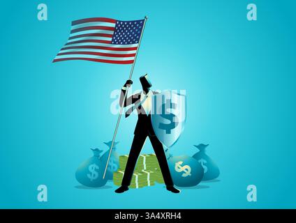 Businessman standing with a dollar shield, holding an American flag, surrounded by stacks of money and bags. Protection of the dollar Stock Vector