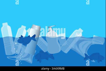 Graphic of plastic bottles floating in water, symbolizing environmental pollution and the global plastic waste crisis Stock Vector