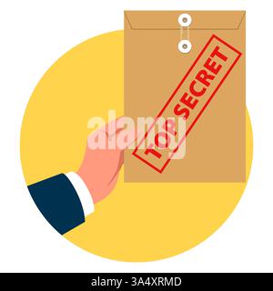 Vector illustration of a hand holding a sealed TOP SECRET envelope, symbolizing confidentiality, classified information, and restricted access Stock Vector