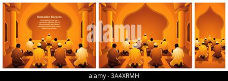 Group of Muslim men praying inside a mosque. They are shown from behind, sitting on prayer mats, facing the front of the mosque Stock Vector