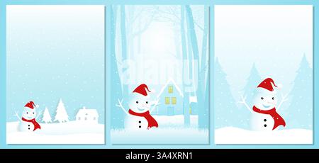 Joyful set of snowman illustrations in bright white and blue shades, perfect for Christmas greeting cards and holiday designs Stock Vector