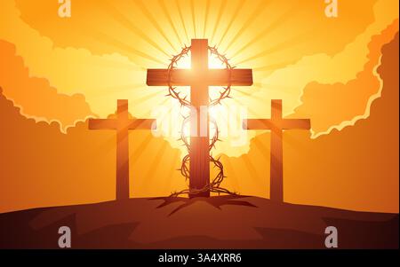 Thorny plant wrapped around a cross, symbolizing sacrifice, faith, and the passion of Christ. Religious themes, Easter and Good Friday designs Stock Vector
