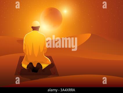 Muslim man praying on a mat in a vast desert under a glowing crescent moon. Dressed in traditional attire with a white taqiyah, surrounded by sand dun Stock Vector