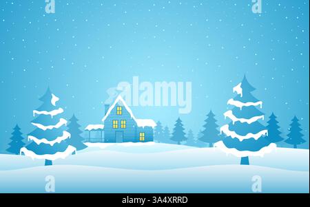 Serene winter scene featuring snow gently falling over a hilly landscape filled with pine trees in a village. Perfect for holiday and seasonal designs Stock Vector