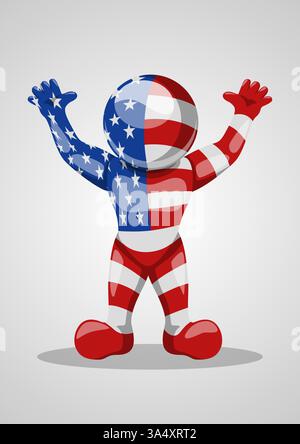 Fun faceless character decorated with the colors of the American flag striking a cheerful hooray gesture Stock Vector