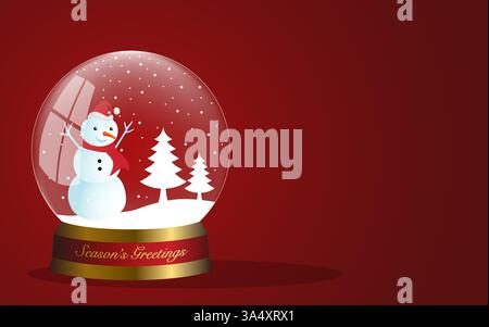 Golden snow globe featuring a cheerful snowman inside, set against a red background for copyspace. Perfect for holiday designs, Christmas cards Stock Vector
