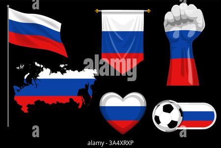 Set of Russian flag-themed icons, a waving flag, a patriotic clenched fist, a heart, a soccer ball, a banner, and a country map. Stock Vector