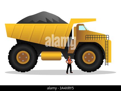 Massive mining dump truck loaded with soil, with a worker standing beside it for scale. Represents industrial mining, transportation of raw materials. Stock Vector