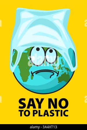 Cartoon illustration of Earth with its top wrapped in a plastic bag, symbolizing the impact of plastic pollution on the planet. Stock Vector
