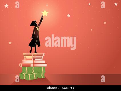Woman in a toga, symbolizing knowledge, standing atop stacks of money and books reaching for a star. Represents education costs & student debt Stock Vector