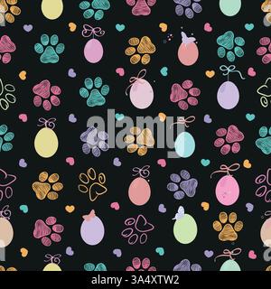 Colorful doodle paw print and easter eggs Stock Vector