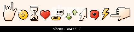 Pixel game art Y2K elements. 8 bit retro style user interface icons. Hourglass smile message cursor arrow. Stock Vector