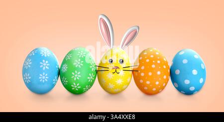 Bright Easter eggs on peach color background, banner design. Yellow one with bunny ears and face Stock Photo