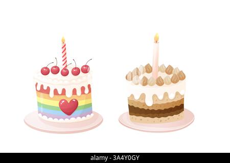 Cute Birthday Cakes  Rainbow and  Layered Dessert Clipart Stock Vector