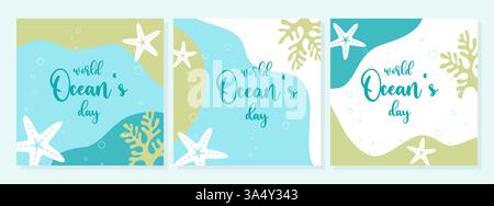 World Oceans Day posters with starfish and corals. Harmonious flowing shapes in boho style. Vector illustration Stock Vector