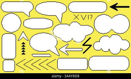 Set of pixel art elements including text bubbles, frames, arrows, pointers Stock Vector