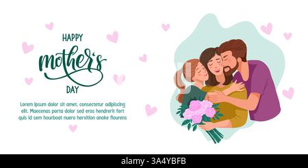 Mothers Day horizontal flyer with happy family, daughter and father congratulate the mother on the holiday. Vector illustration Stock Vector