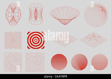 Red wireframe structures, waveforms, and geometric grids arranged in symmetrical patterns on light background. Science. Stock Vector