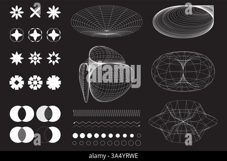 Futuristic wireframe models of abstract forms resembling wormholes and interconnected rings, stars, spheres, ellipses. Science. Stock Vector