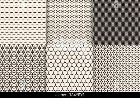 Set of seamless patterns with geometric hexagons, strokes, flowers. Endless stylish texture. Ripple monochrome background. Linear hexagon grid. Differ Stock Vector