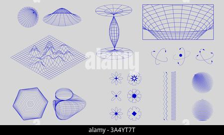 Blue wireframe structures, geometric grids, and mathematical equations arranged in a futuristic pattern on light background. Stock Vector