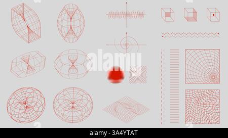 Red mathematical wireframe diagrams, force fields, abstract waveforms, and symmetrical grid structures on light background Stock Vector