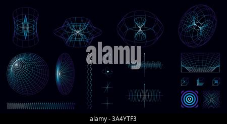 Gradient-toned scientific waveforms, mathematical grids, force fields, and atomic orbits in blue and orange hues. Science. Stock Vector