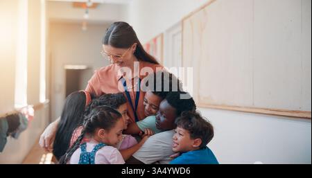 School, love and children hugging teacher for bonding, learning and education development. Happy, connection and kids embracing woman educator for Stock Photo