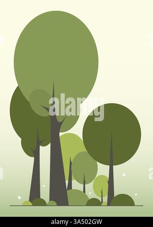 Spring Forest landscape with green foliage. Summer trees park. Abstract rural country environment, panoramic view. Cartoon vector illustration. Stock Vector