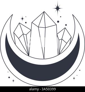 Bohemian linear logo icon symbol. Line art healing crystal and moon concept of esoteric elements Stock Vector