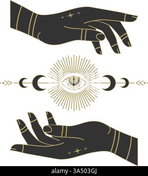 Hands with prediction eye illustration. Vector feminine decoration design icon. Mystical drawing Stock Vector