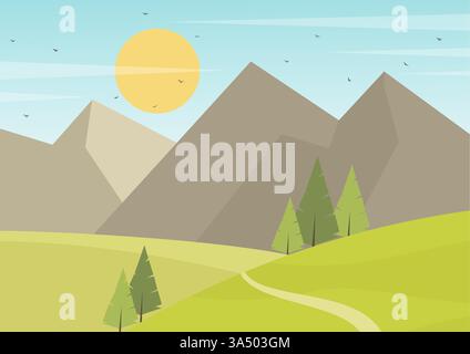 Green nature forest landscape scenery background. Skyline with spring fields flat cartoon style illustration Stock Vector